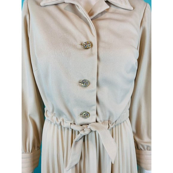 Vintage 70s Dress Set Womens M Khaki Rhinestone Buttons Dramatic Pleated Maxi Sk - Picture 6 of 10